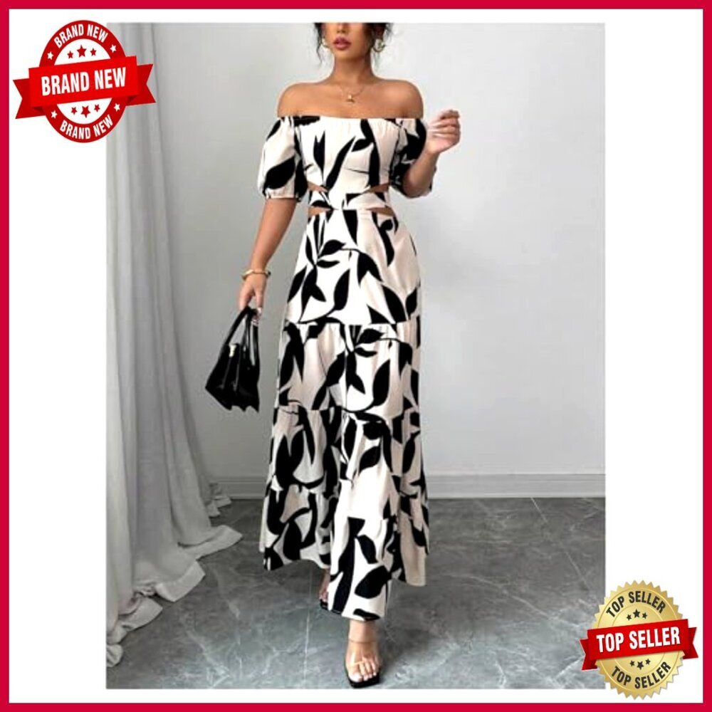 Off Shoulder Maxi Dress Cut Out Backless Ruffle Sleeve Shirred Summer Elegant - Picture 3 of 5